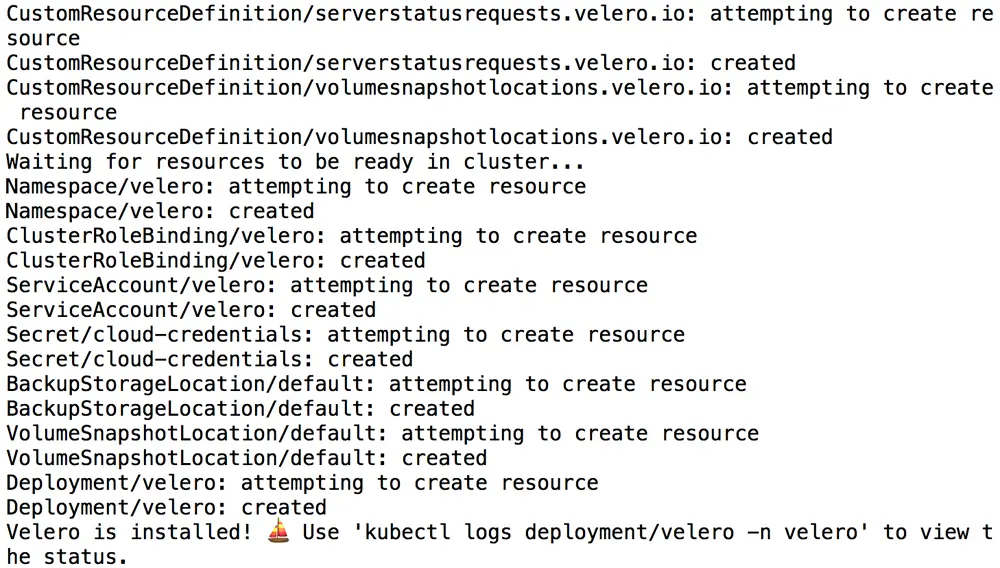 Velero installation output