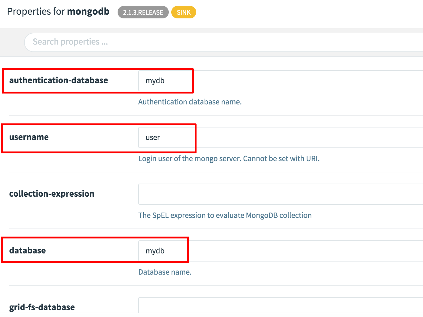 MongoDB sink configuration