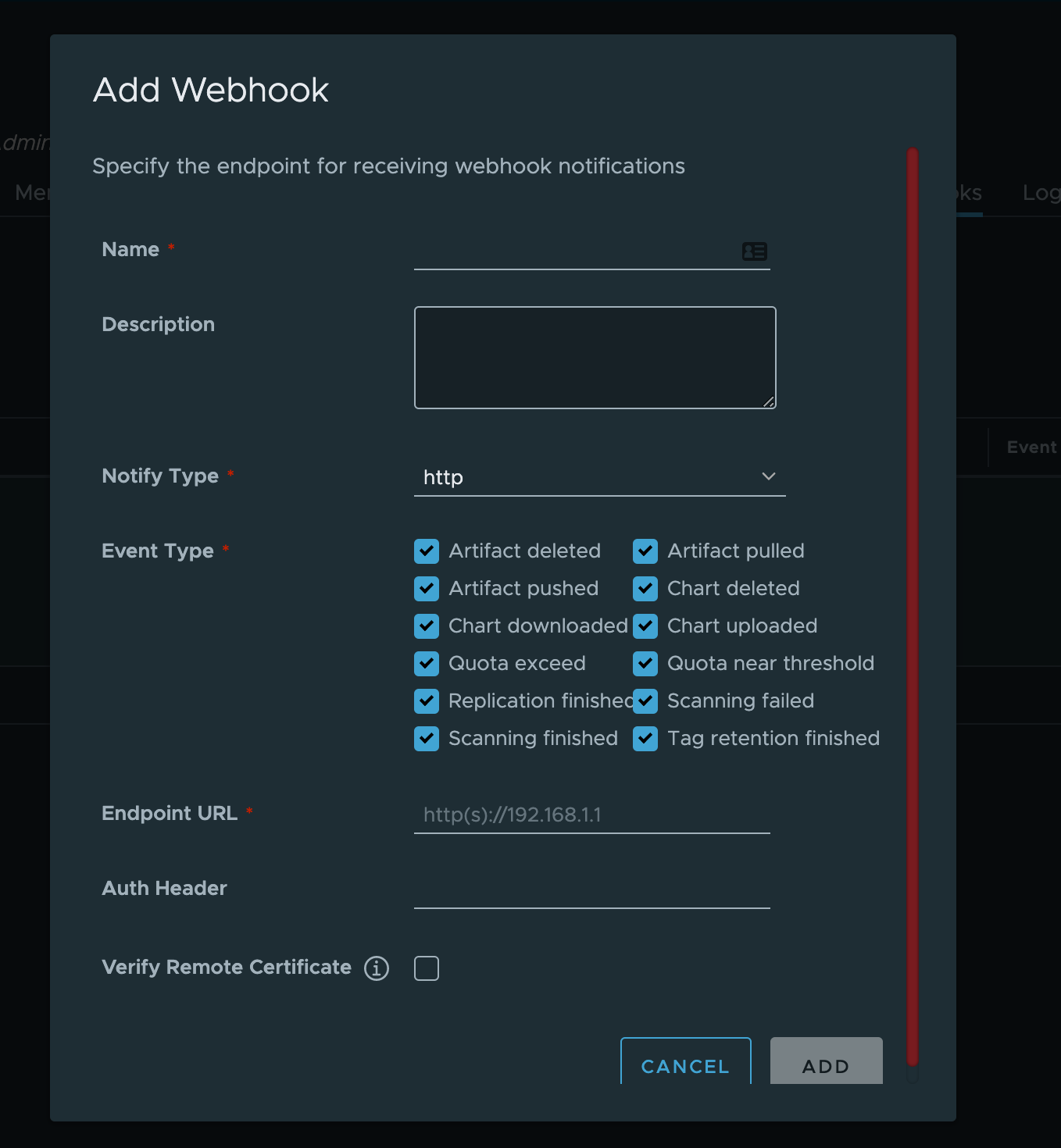 Various webhooks in Harbor