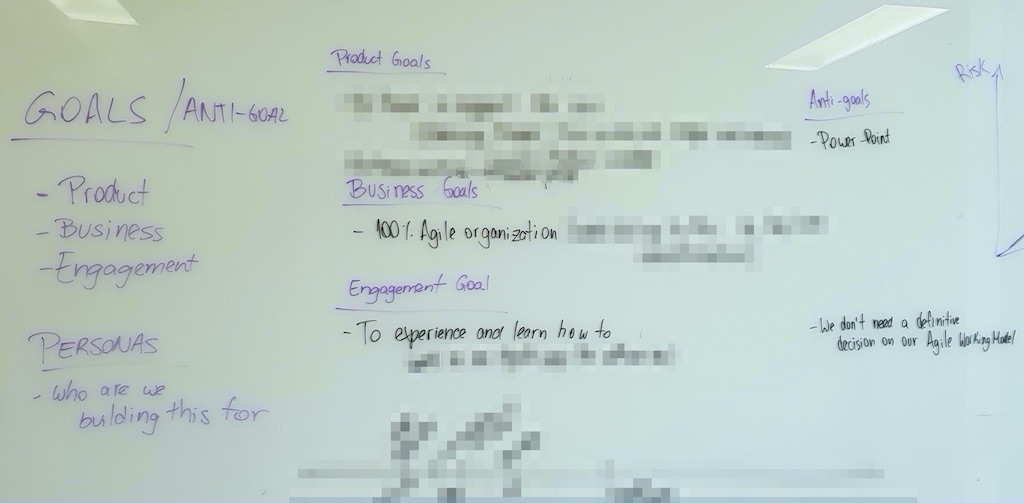 Whiteboard with business, product, project, consulting engagement, and anti-goals written out