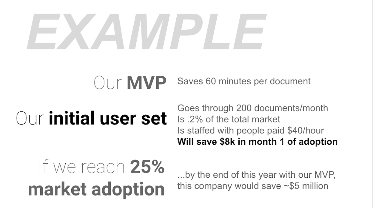 Example value slide showing how an MVP saves 60 minutes of time per document for a set of users with a future projection based on an assumed adoption rate